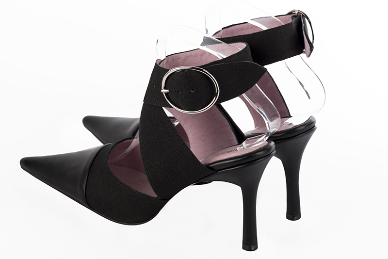 Satin black women's open back shoes, with crossed straps. Pointed toe. Very high slim heel. Rear view - Florence KOOIJMAN